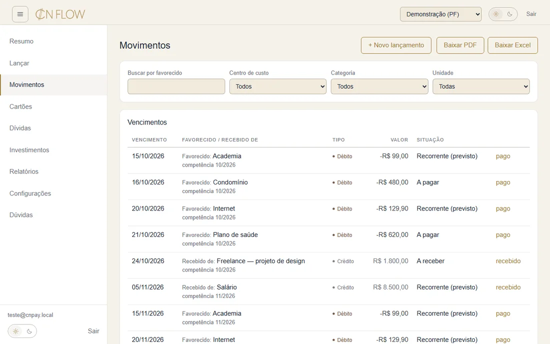 Lista de movimentos com busca e filtros